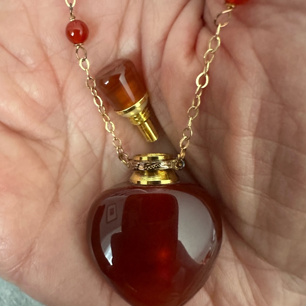 Red Agate Heart Aromatherapy Necklace with 24” Gold plated chain